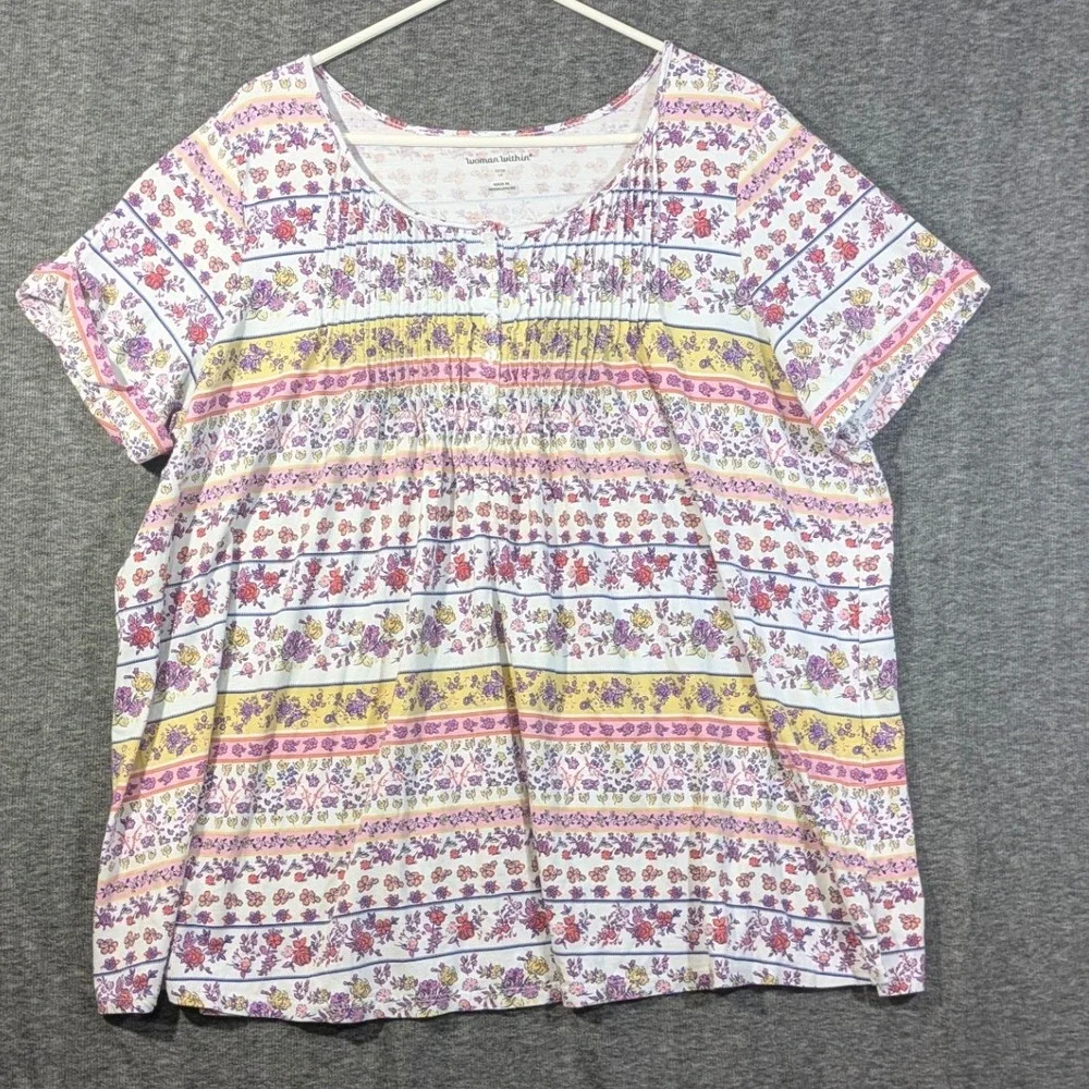 Woman Within Floral Stripe Pintuck Short Sleeve Top Multicolor Size 1X 22/24